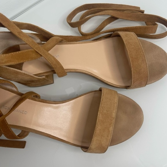 Tony Bianco Camel Brown Sued Ankle Wrap Block Heel Sandals - Picture 6 of 8
